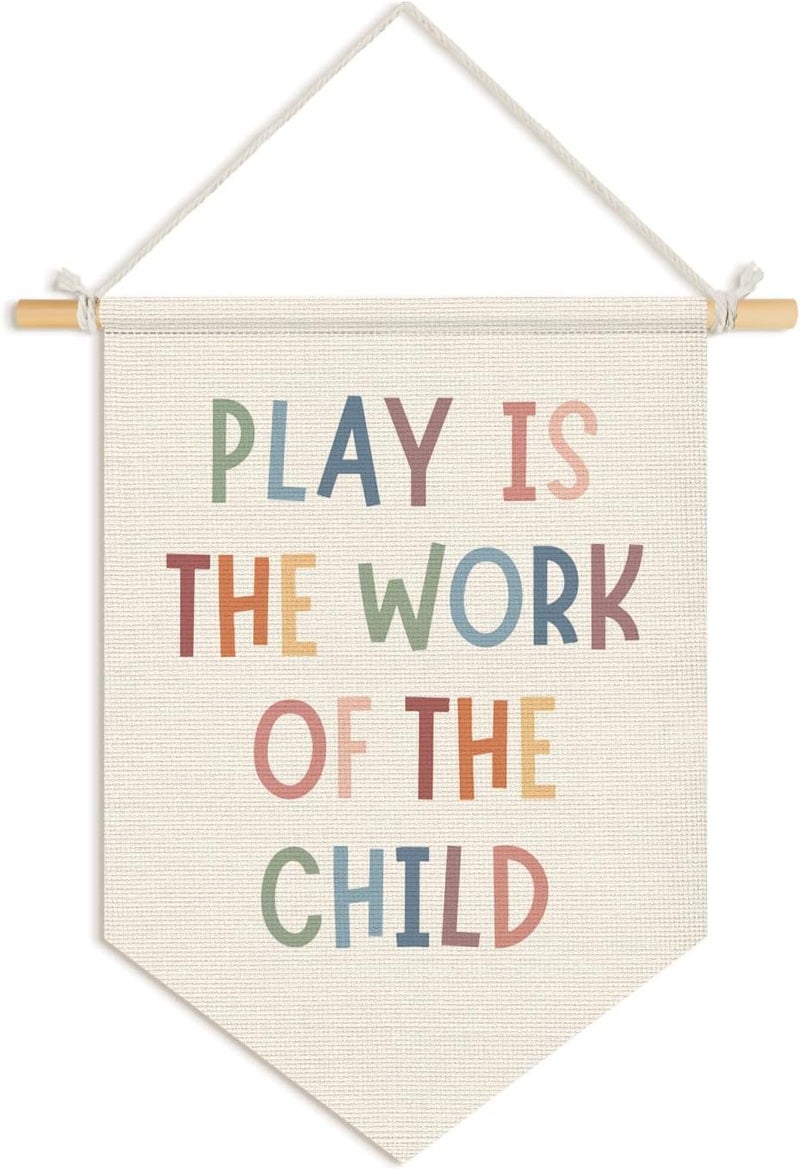 Wheatwin Playroom Wall Decor, Play Is the Work of the Child Wall Hanging Pennant Flag Banner, Boho Children Cool Wall Decor for School Kids Room Nursery Playroom Classroom Preschool 15x11 Inch - Image 1